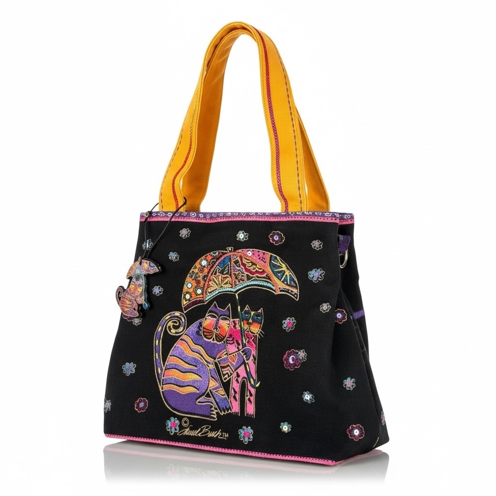 Laurel Burch Vintage Cats Tote Bag Black Sequin Canvas Tote Purse